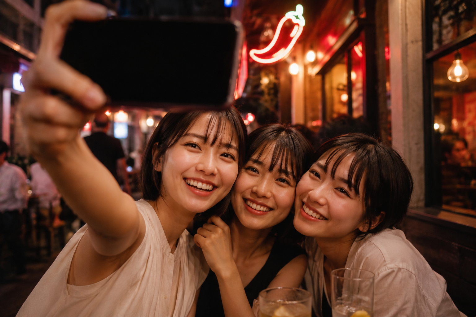 女性グループが自撮りで動画をシェア